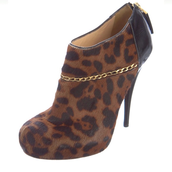FENDI Animal print pony hair and black leather booties with gold chain accent - Picture 2 of 5